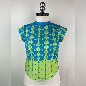 💚 2983. Fitted Ribbed Green & Blue Printed Top
